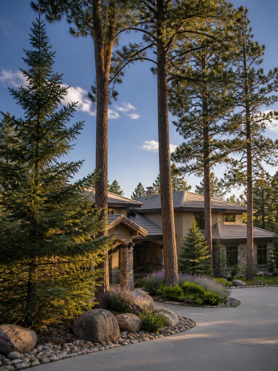 Mature ponderosa pines surrounding an established residential property in Castle Pines, Colorado