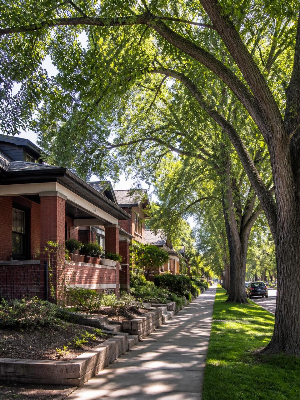 Mature elm canopy arching over a historic residential street in Denver, Colorado