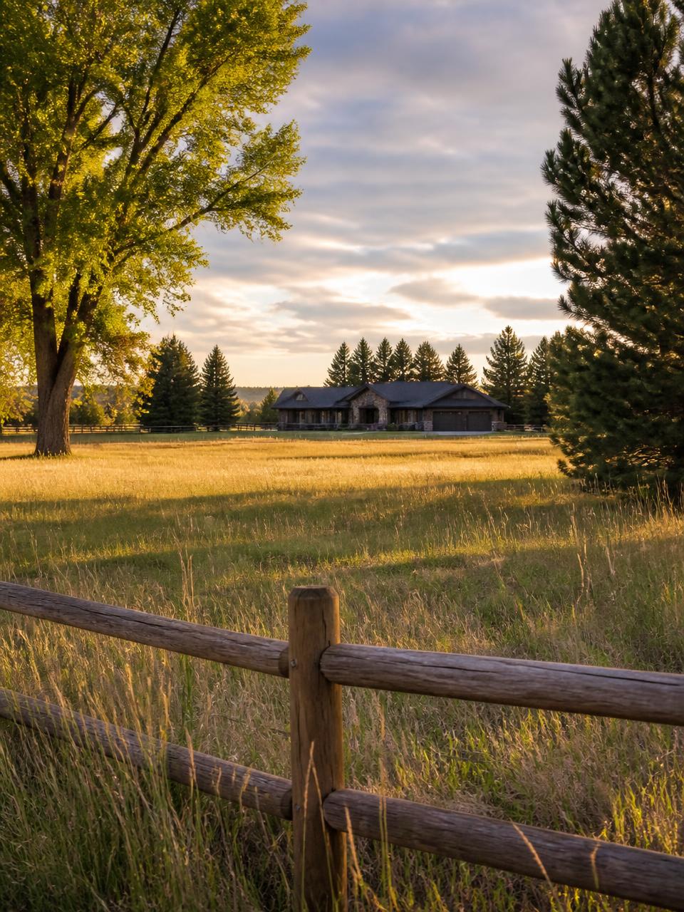 Mature cottonwoods and pine windbreak on an acreage property near Elizabeth, Colorado