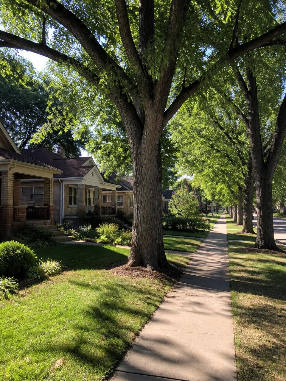 Mature elm and ash street trees over a sidewalk in an established Englewood, Colorado neighborhood