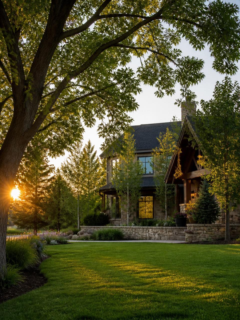 Mature shade trees and manicured landscaping at a Greenwood Village, Colorado residence