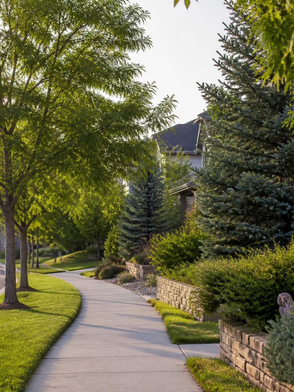 Established landscaping and mature spruce along a residential walkway in Highlands Ranch, Colorado