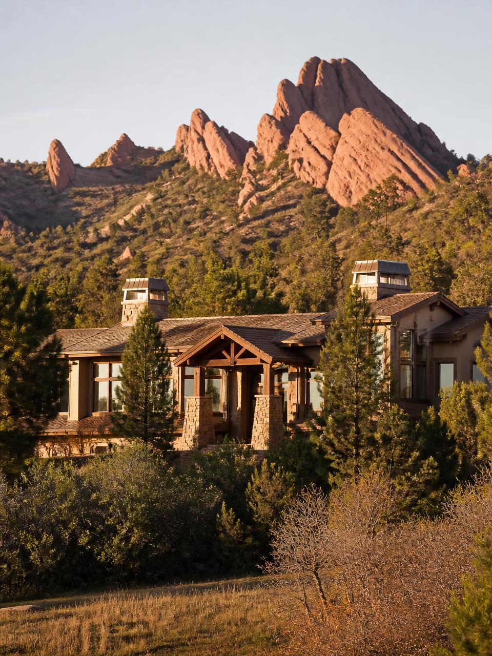 Scrub oak and pines below red sandstone formations at a Roxborough Park, Colorado property
