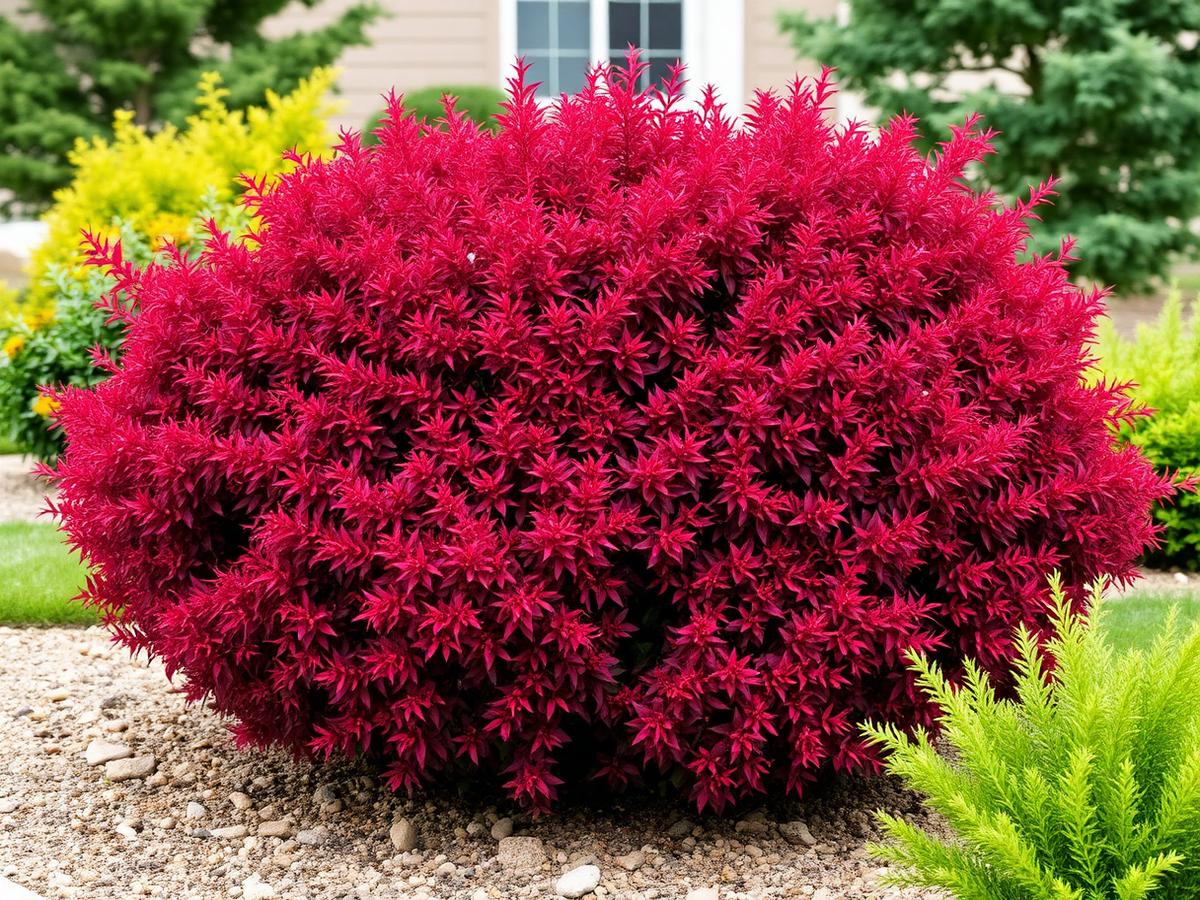 Japanese barberry shrub with dense burgundy foliage in a Colorado landscape bed