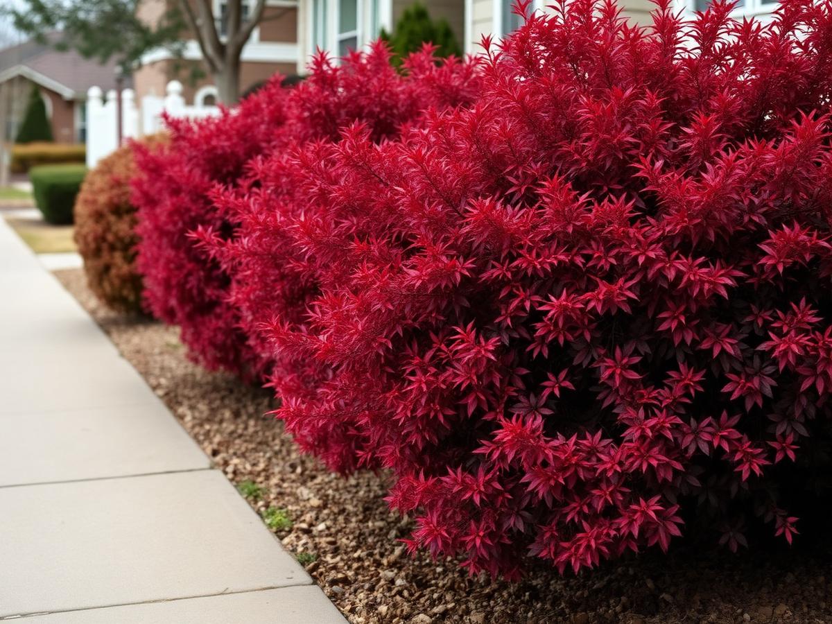 Burning bush shrub in brilliant crimson fall color beside a residential walkway