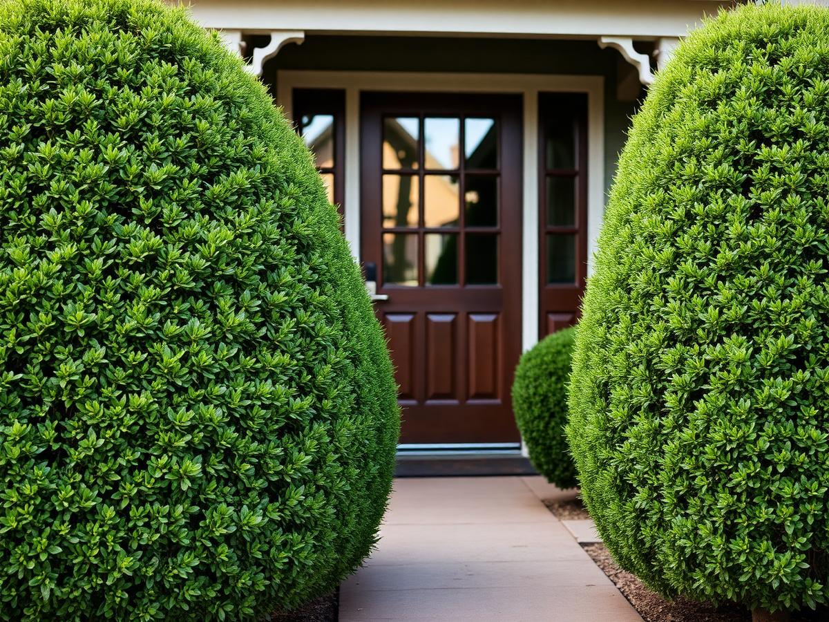 Sheared common boxwood shrubs with small glossy green leaves framing a home entry