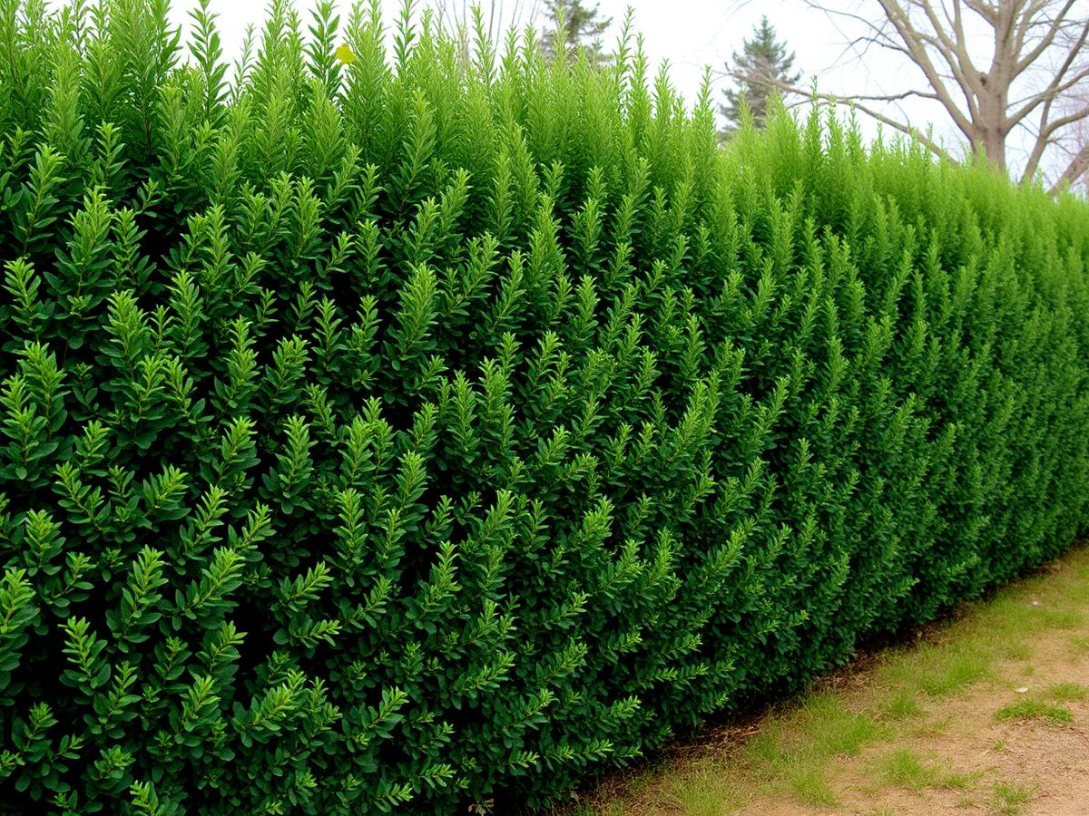 Mature common privet hedge with dark green foliage along a property line