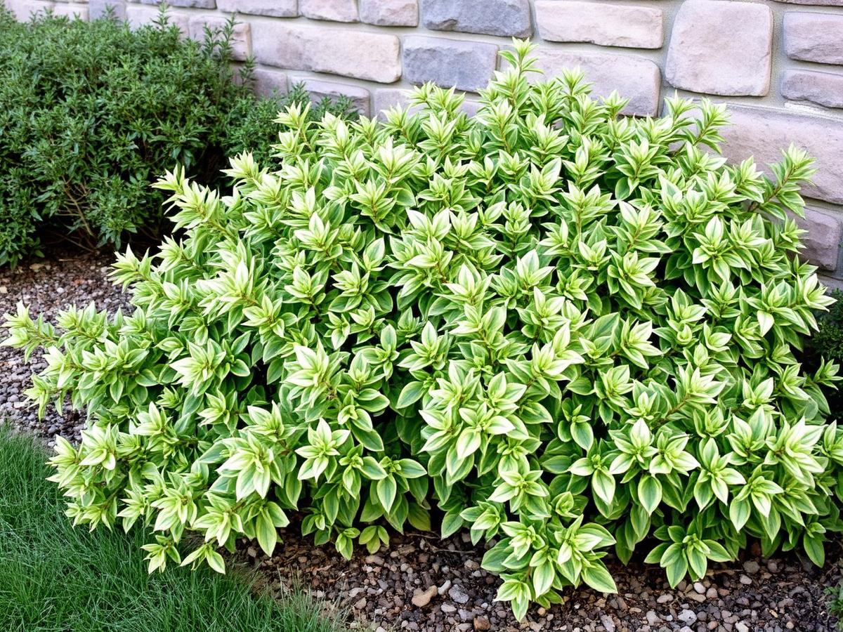 Spreading euonymus with variegated green and cream foliage along a foundation planting