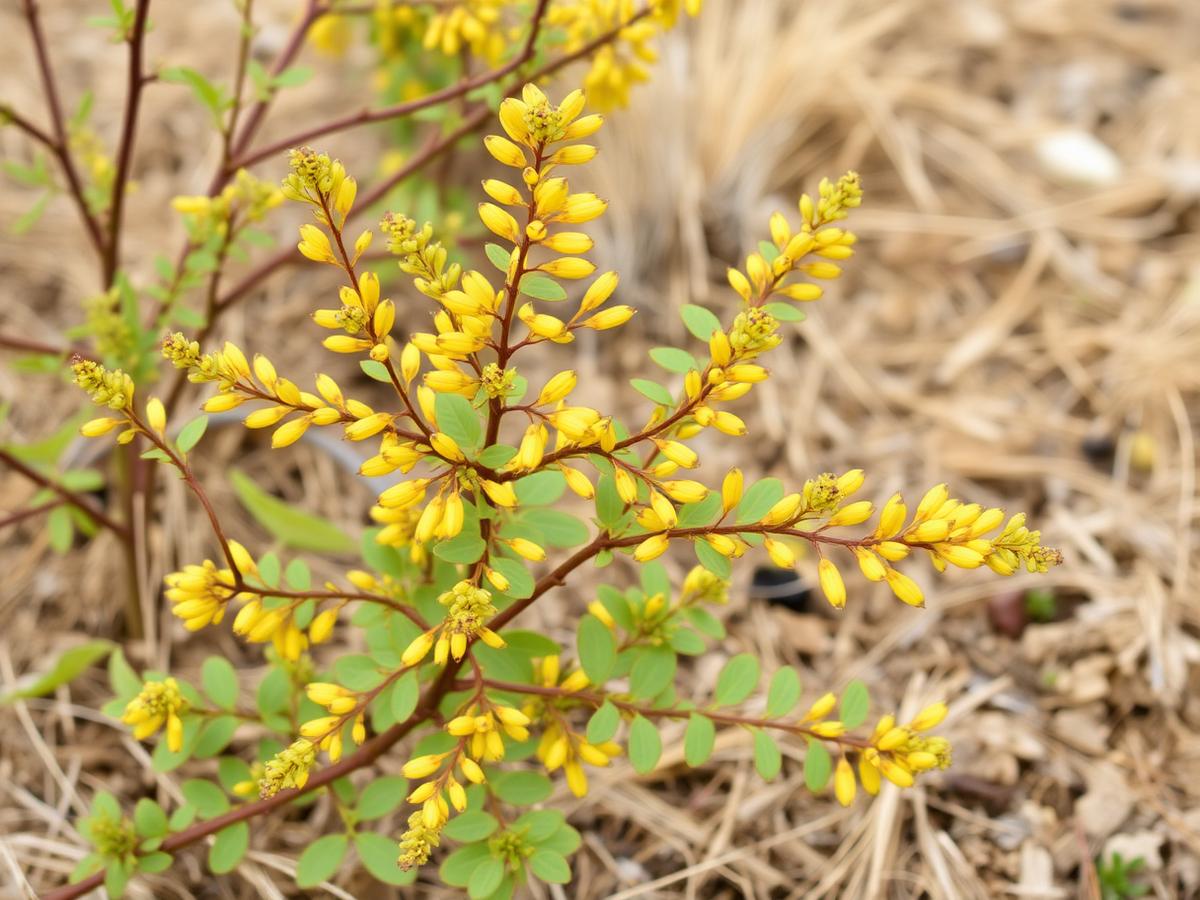Golden currant shrub with clusters of small yellow tubular flowers