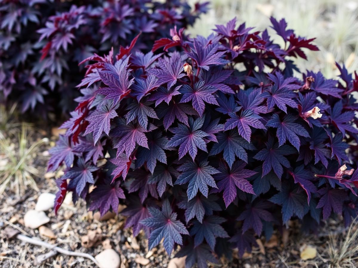 Diabolo ninebark shrub with dark purple lobed foliage and peeling bark