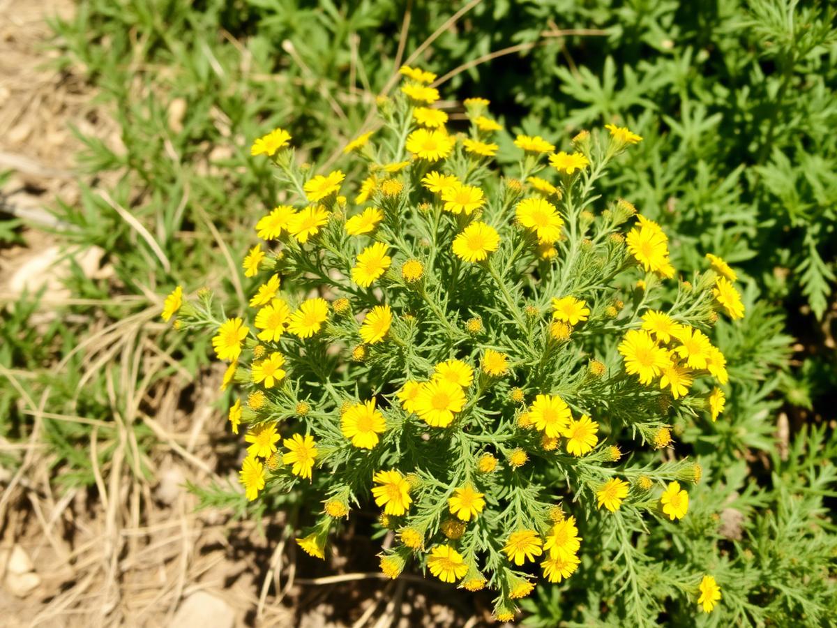 Shrubby potentilla with small yellow flowers and fine foliage in a xeric bed