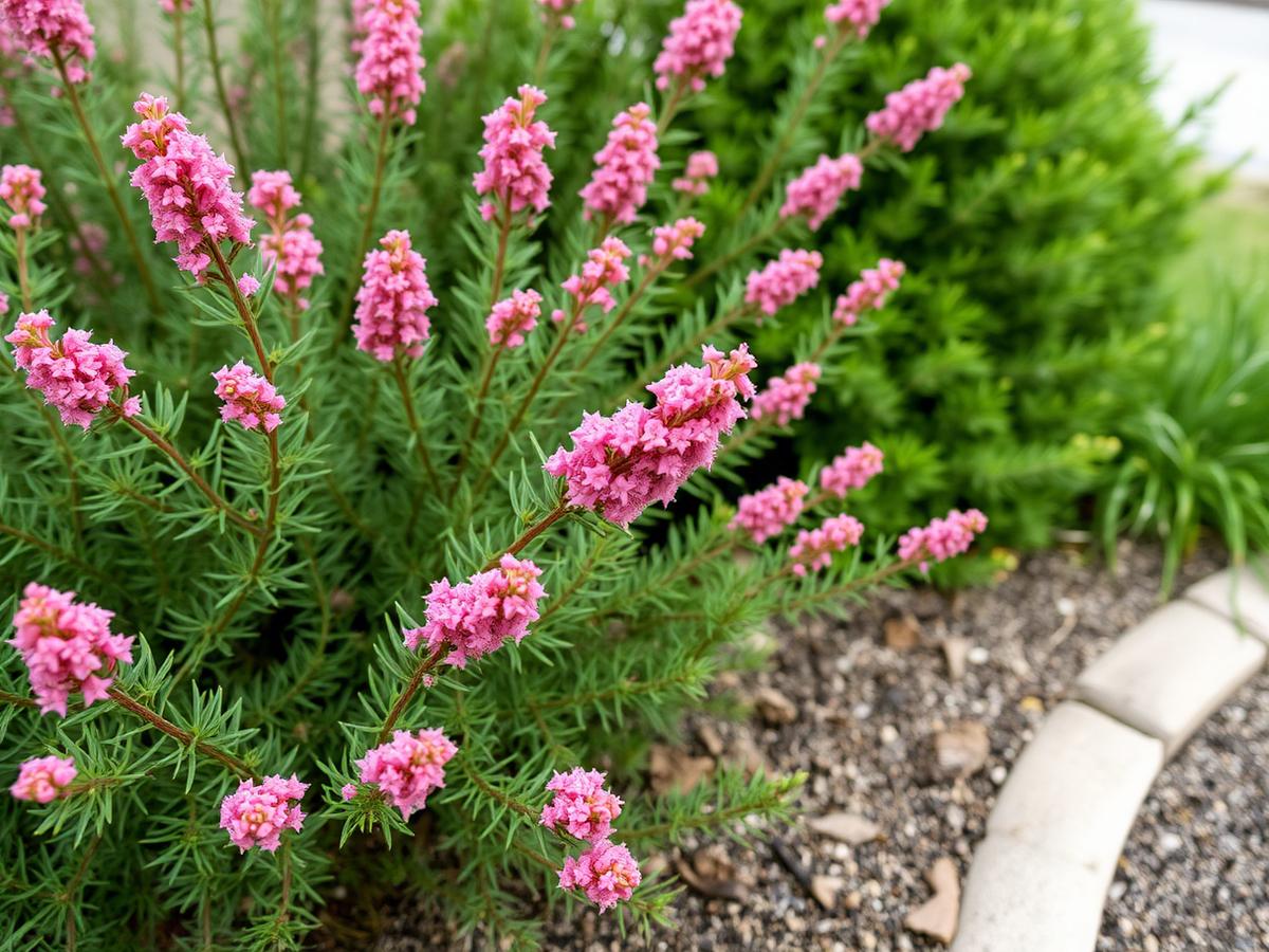 Spirea shrub with pink flower clusters in a Colorado residential landscape bed