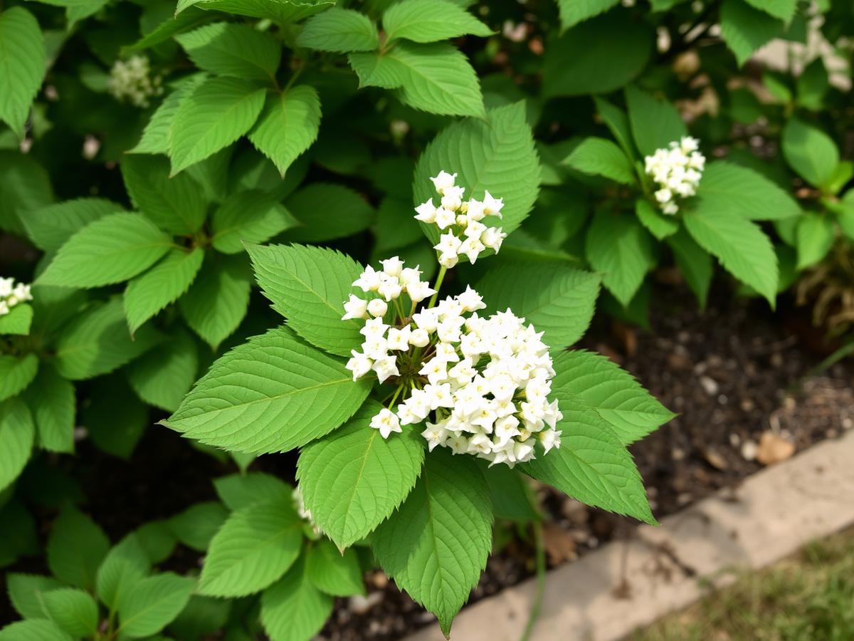 Viburnum shrub with white flower clusters and textured green leaves